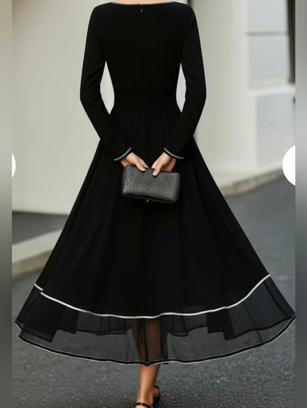 Mooyius Long Sleeve Contrast Trim Midi Dress With Flared Skirt Size Large NWT - Picture 3 of 12